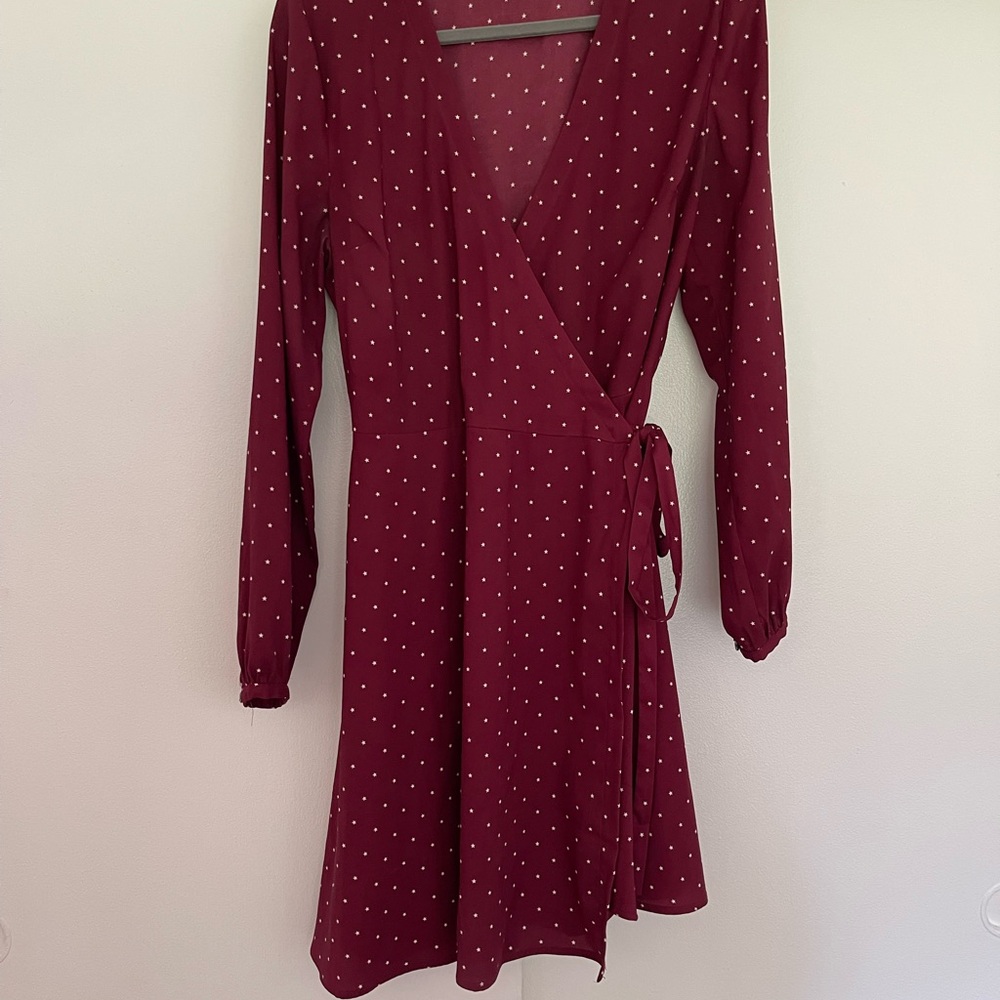 LOFT Burgundy Star Pattern Dot Mini Wrap Dress